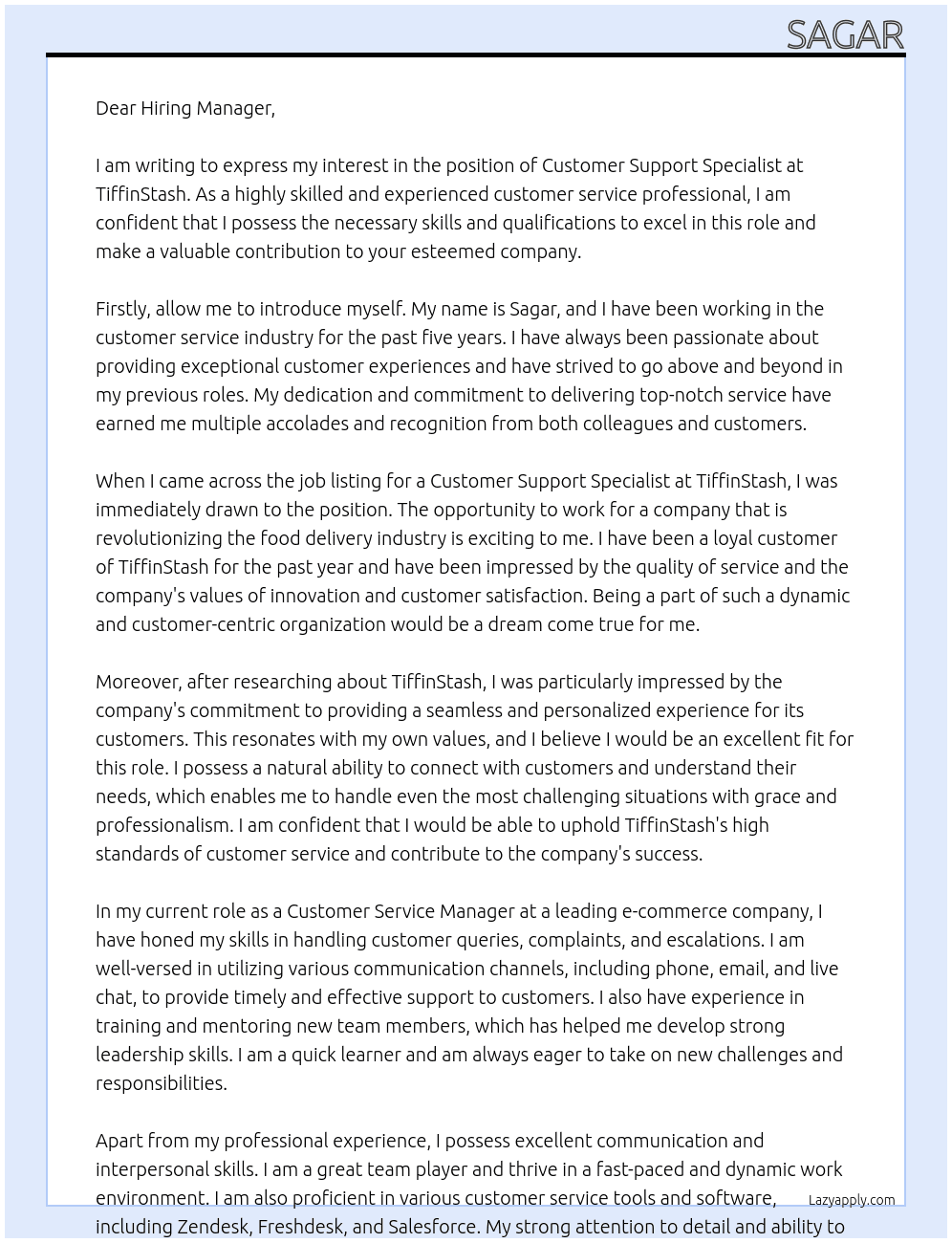 Customer Support Specialist At  TiffinStash Cover Letter