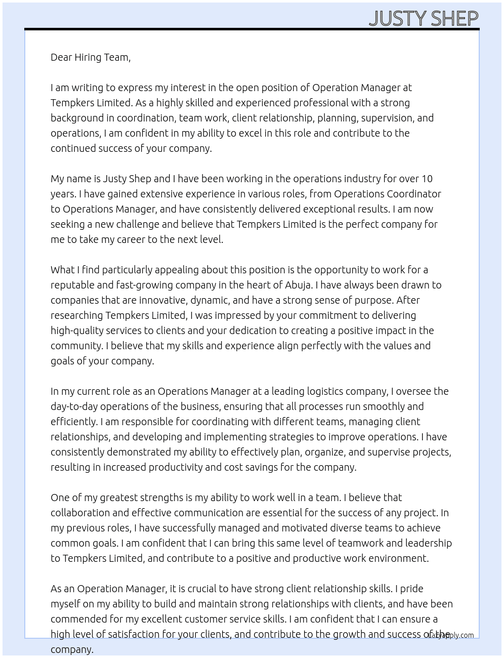 OPERATION MANAGER At Tempkers Limited Cover Letter