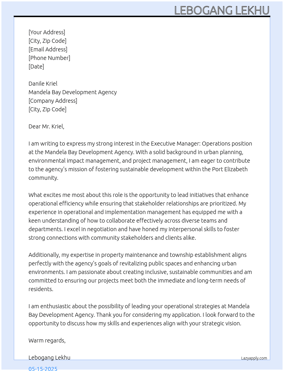 Executive Manager: Operations At Mandela Bay Development Agency Cover Letter