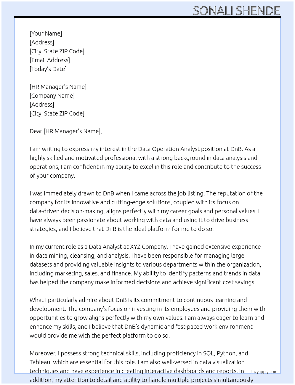 Data operartion analyst  At DnB Cover Letter