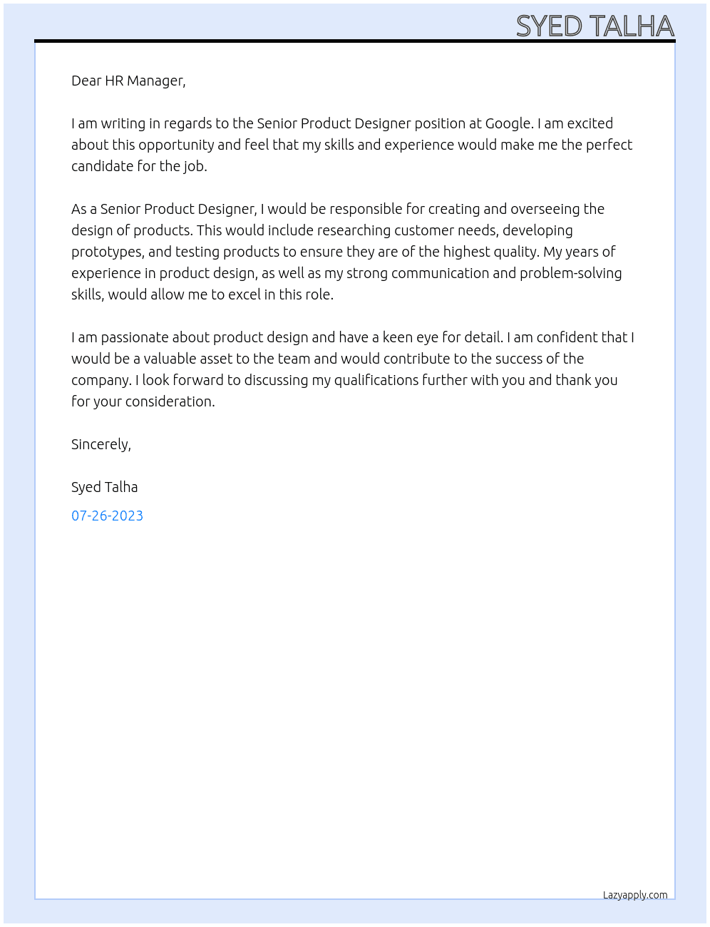Senior Product designer At google Cover Letter