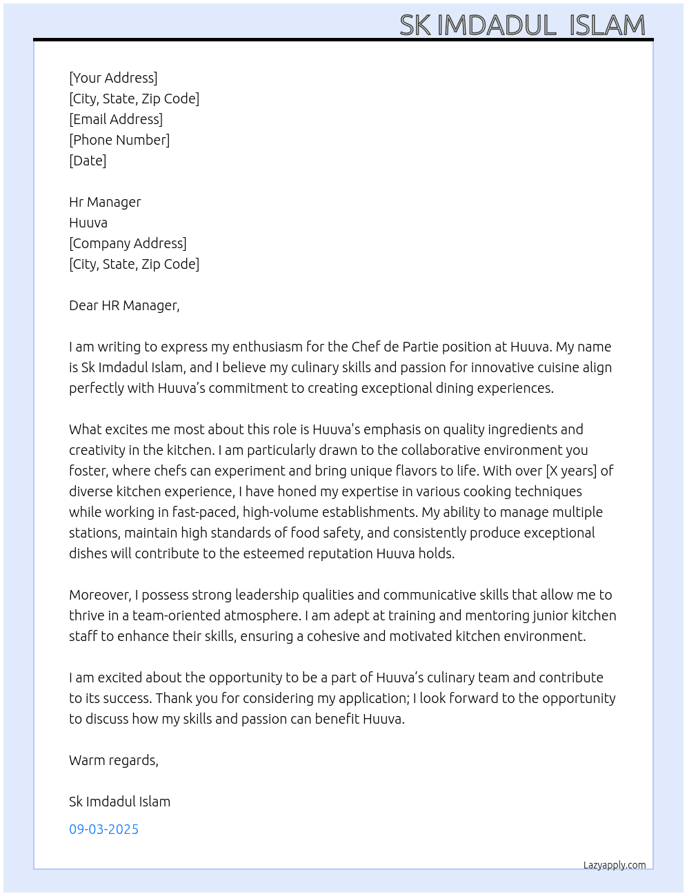 Chef de partie  At Huuva Cover Letter