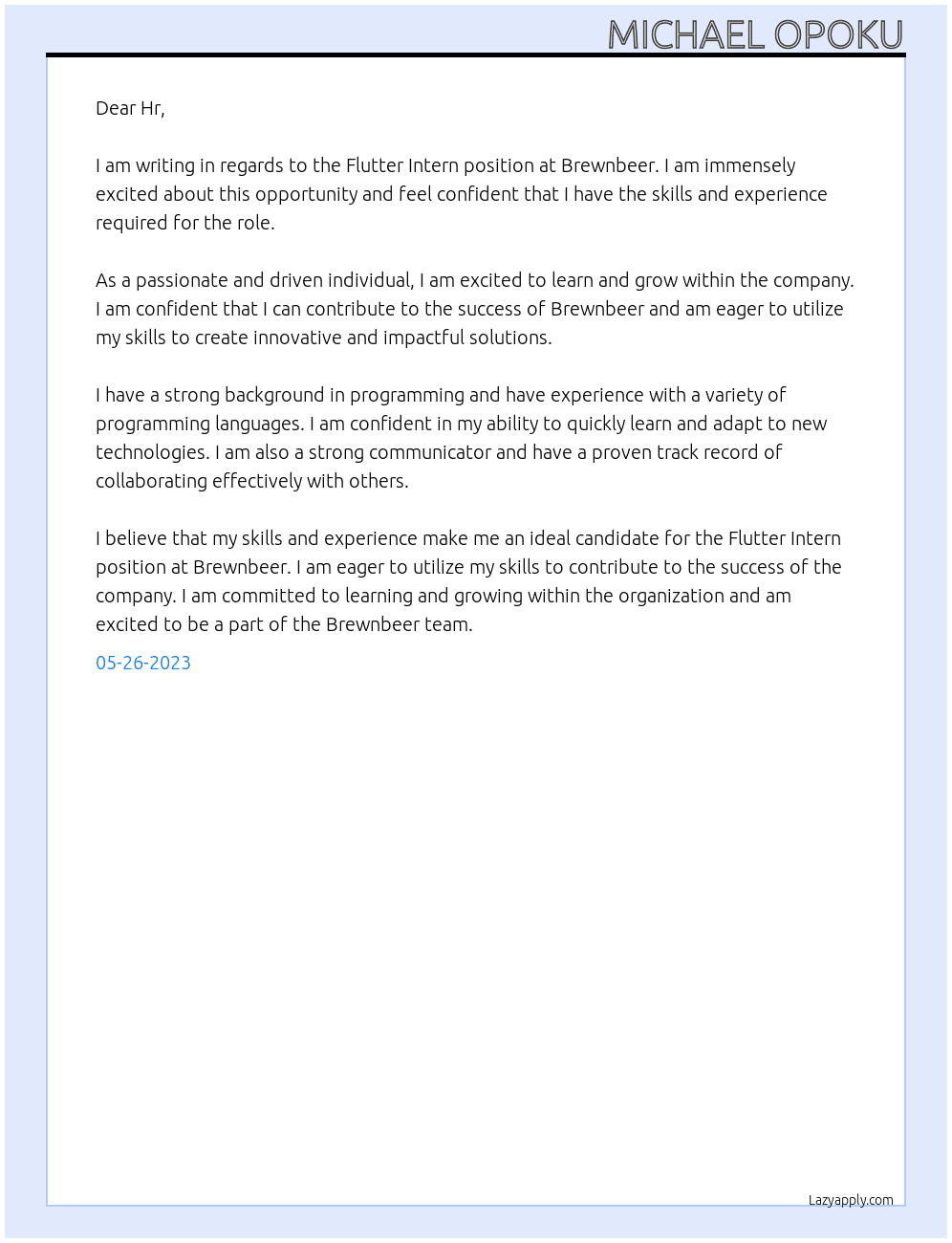 Flutter Intern At Brewnbeer Cover Letter