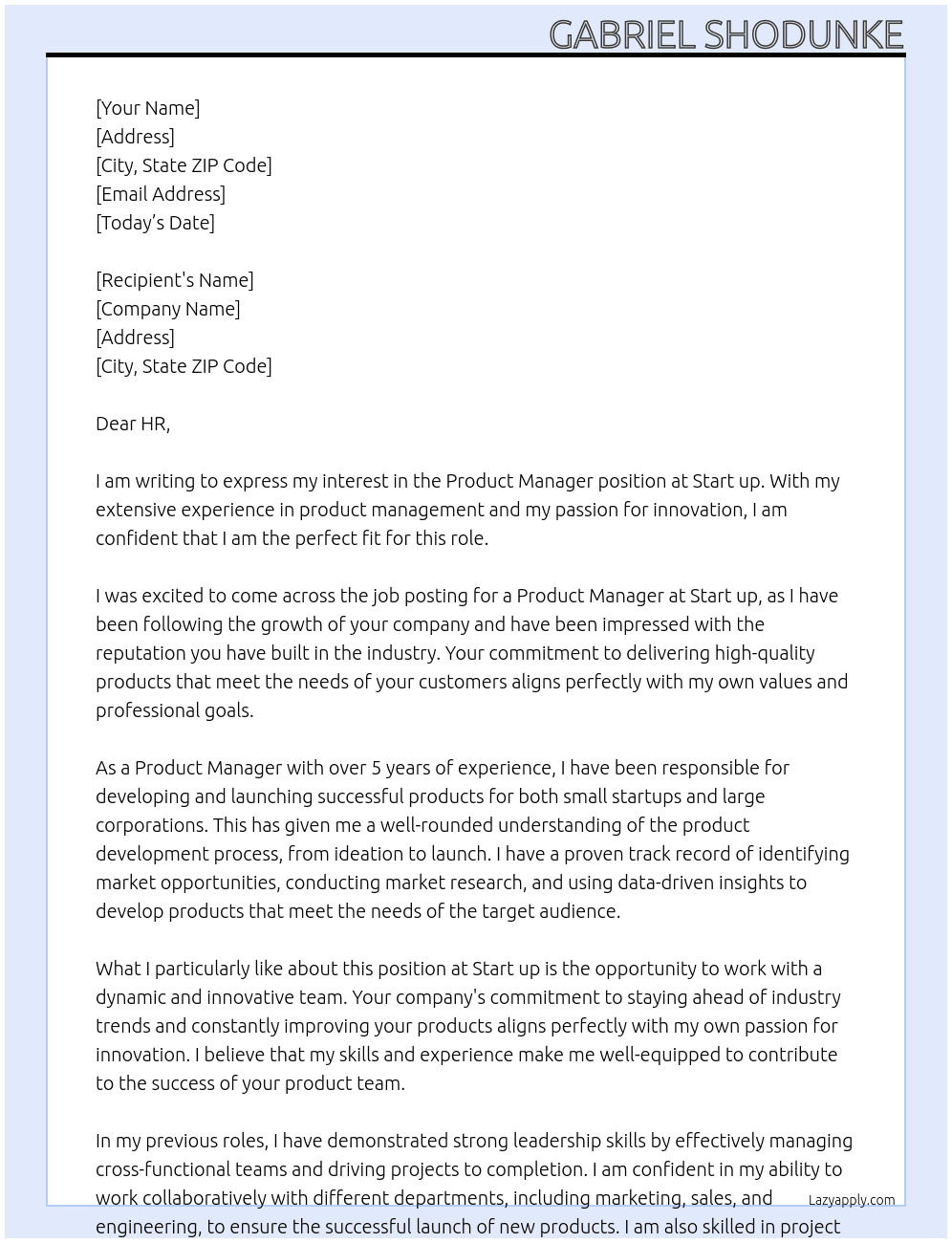 Product Manager At Start up Cover Letter