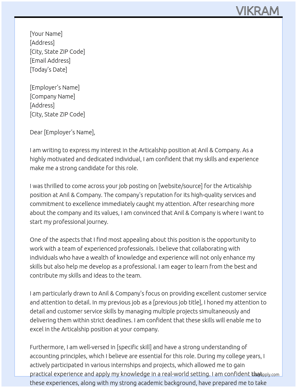 Articalship  At Anil & company  Cover Letter