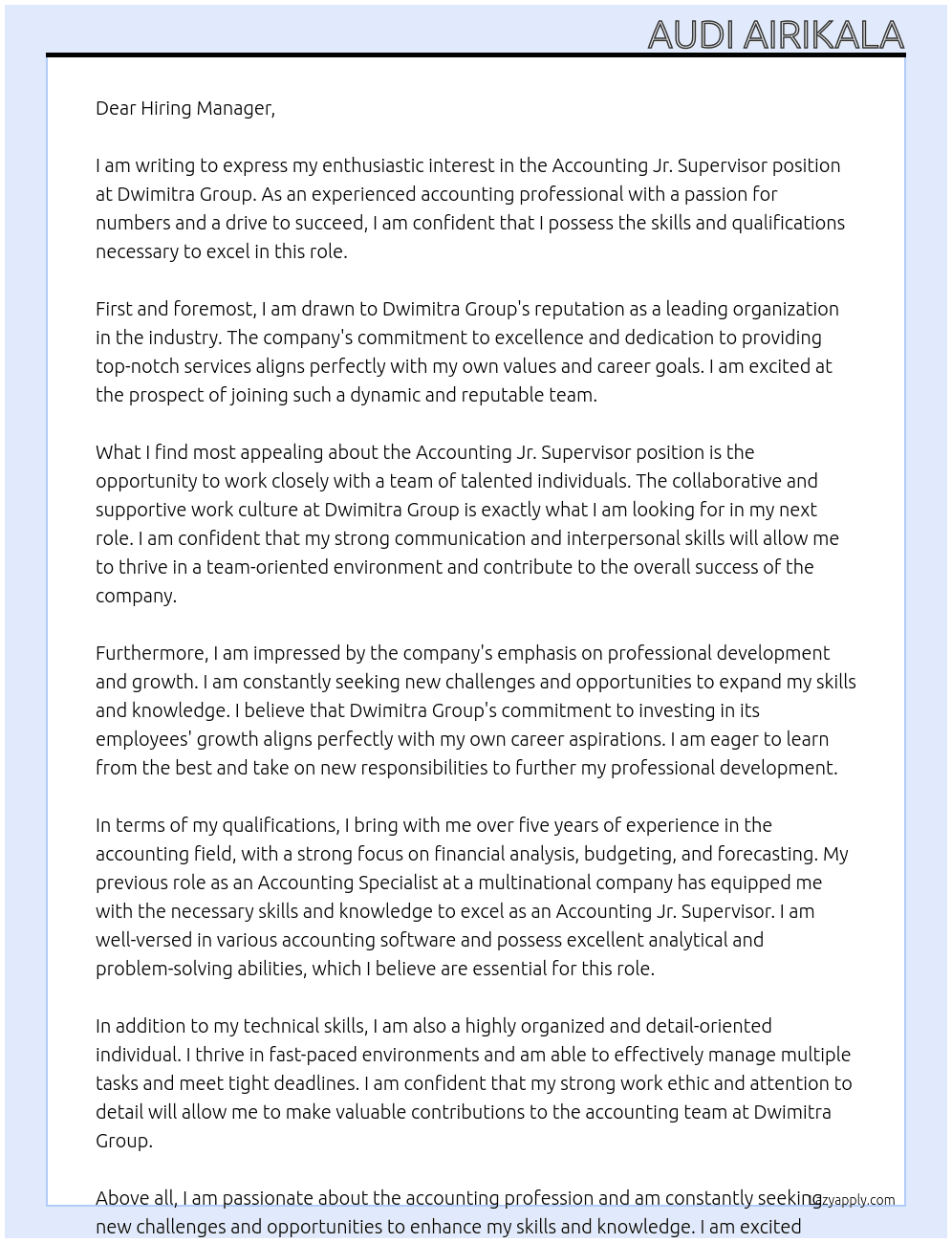 Accounting Jr. Supervisor  At Dwimitra Group Cover Letter