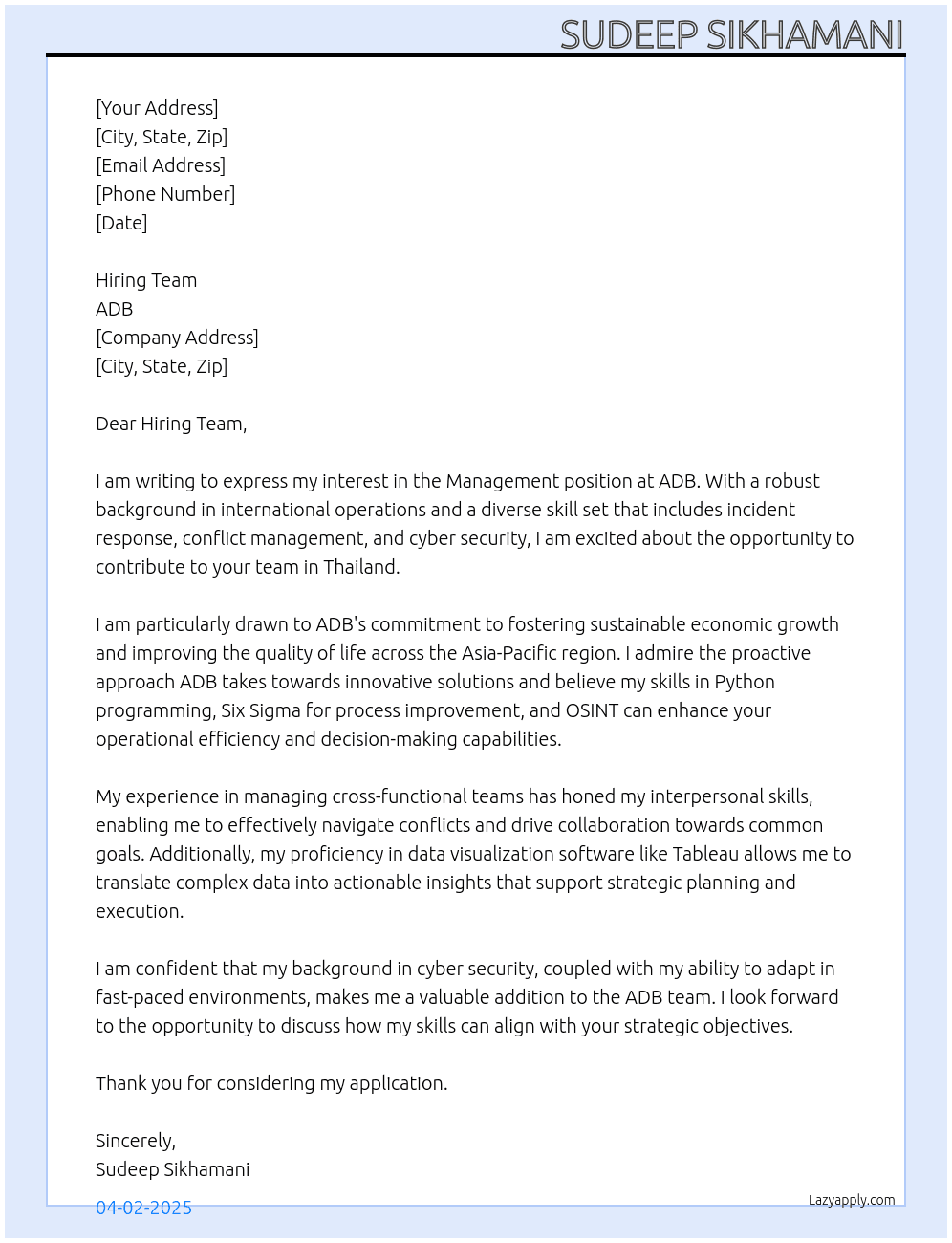 Managment  At ADB Cover Letter