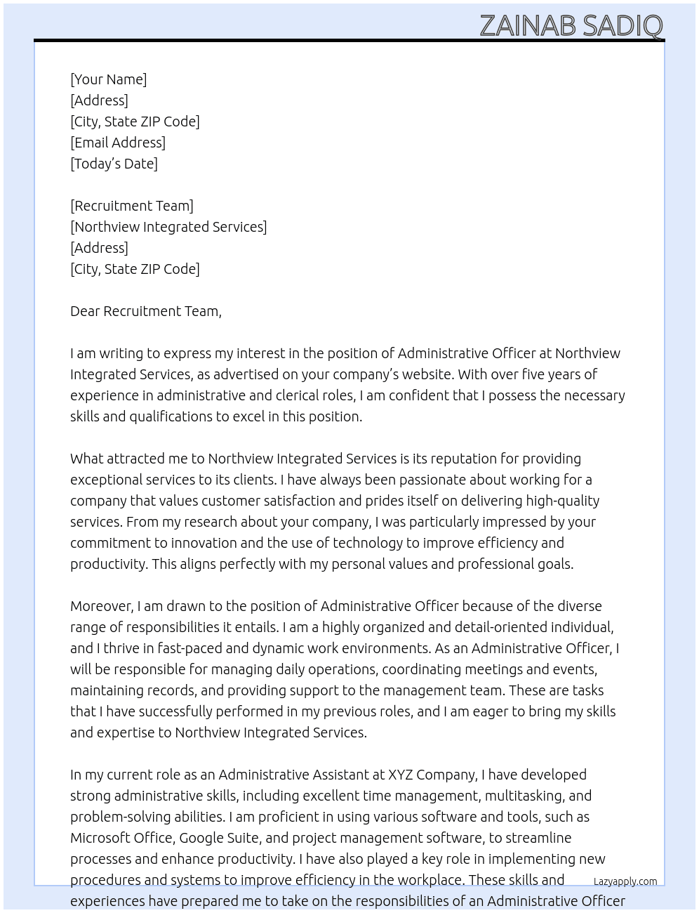Administrative officer  At Northview integrated Services  Cover Letter