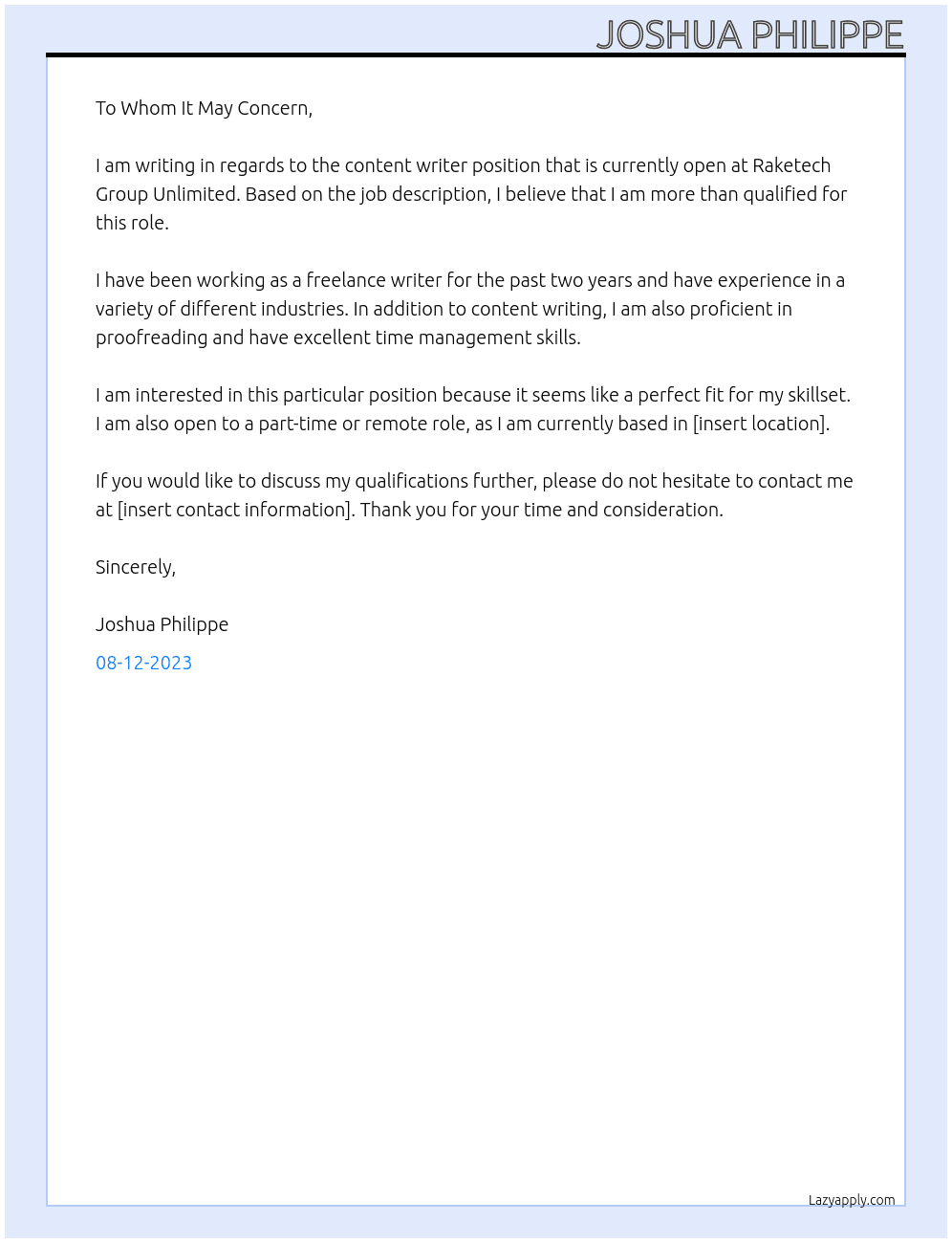 Content Writer At Raketech Group Unlimited Cover Letter