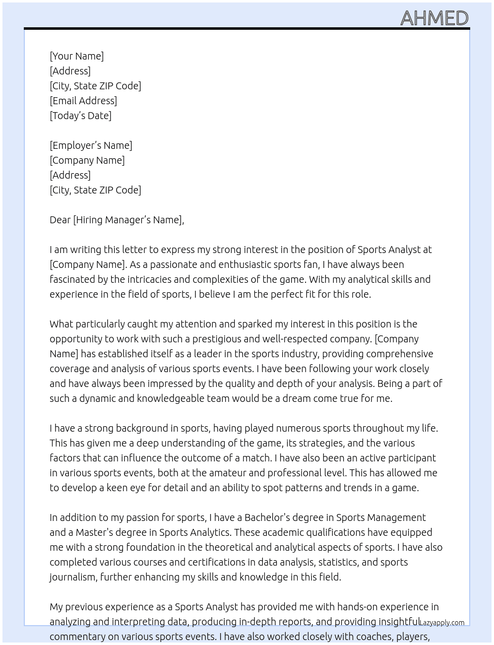 sports anyalyst  At sports analyst  Cover Letter