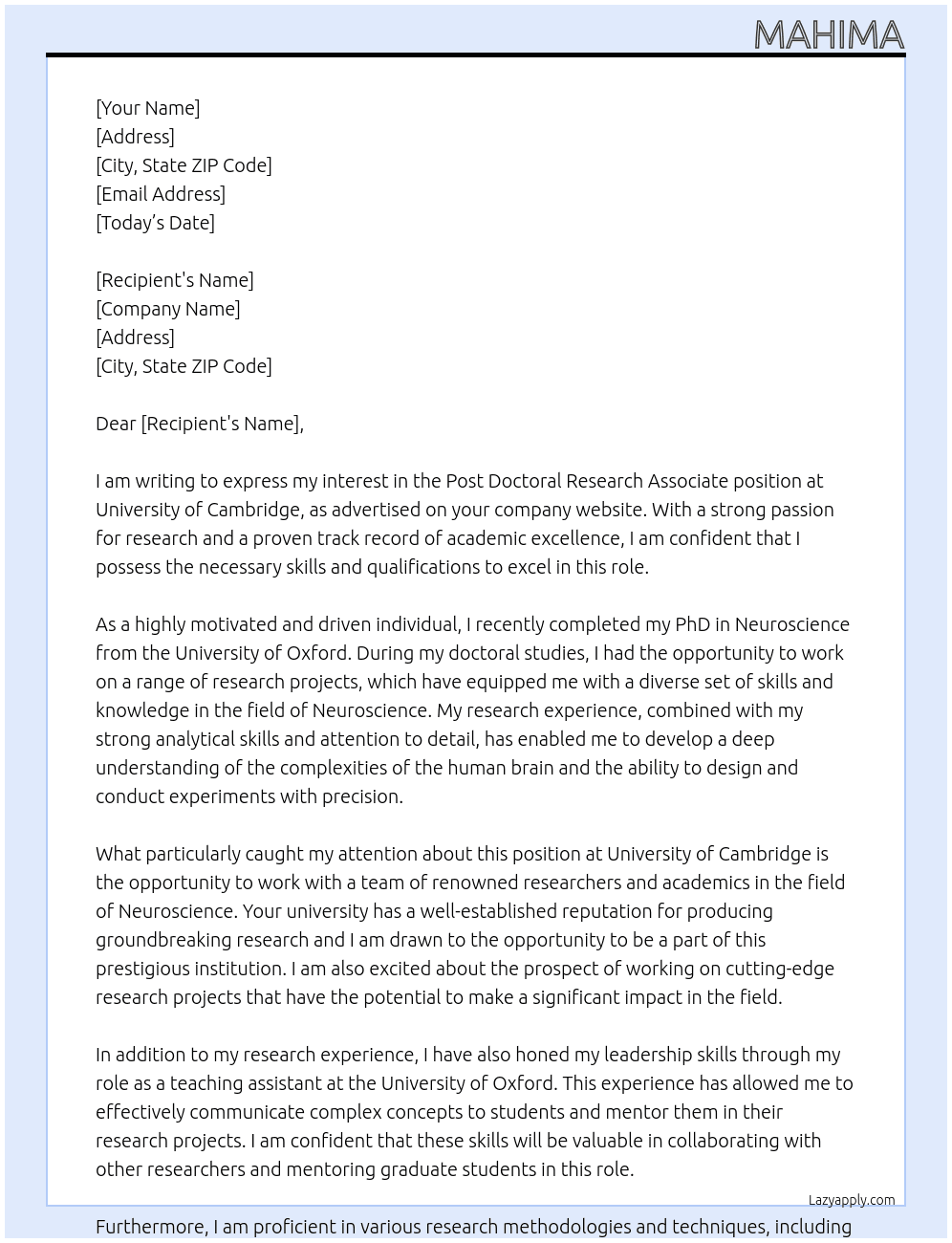 post doctoral research associate At University of cambridge Cover Letter