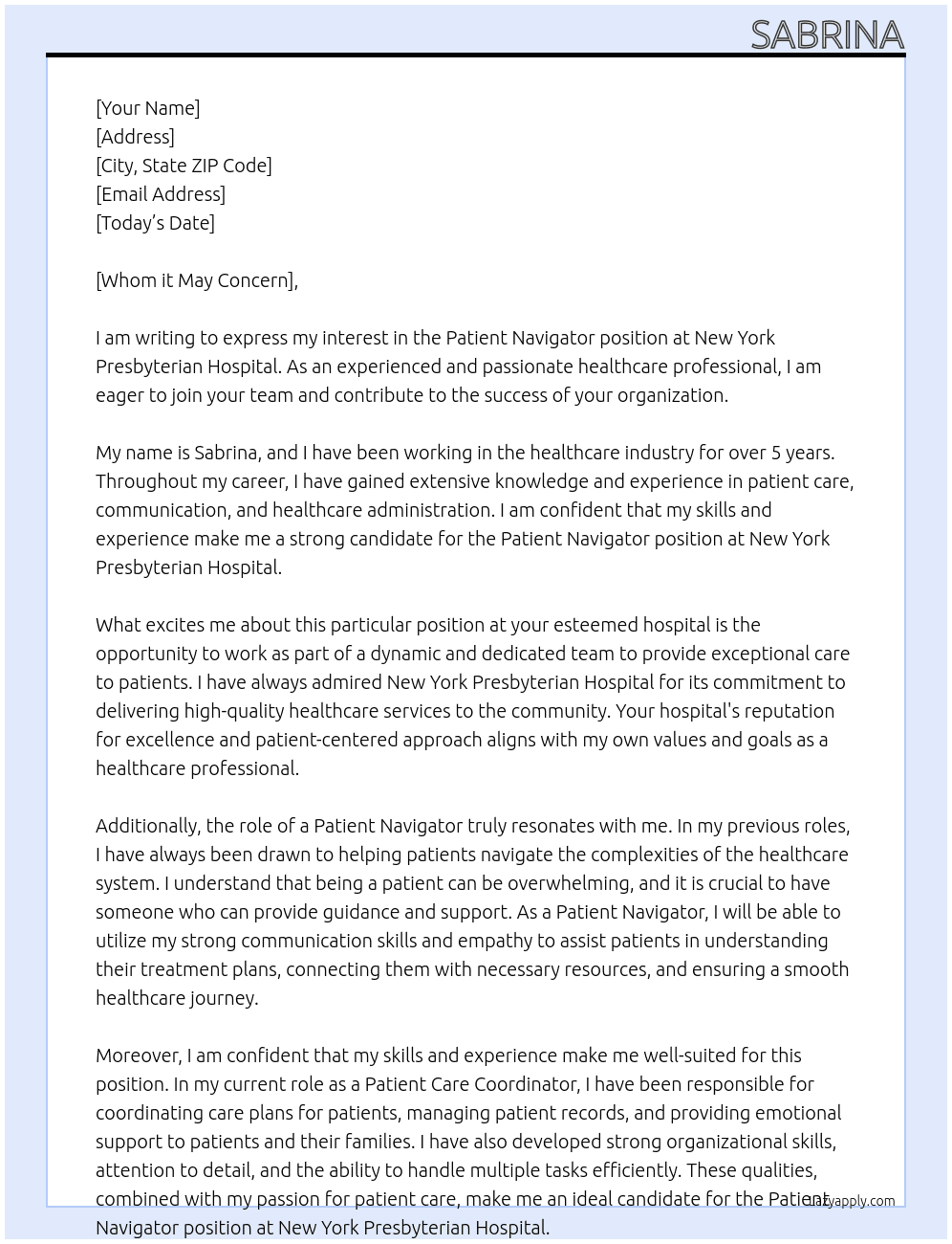 Patient navigator At New York Presbyterian Hospital Cover Letter