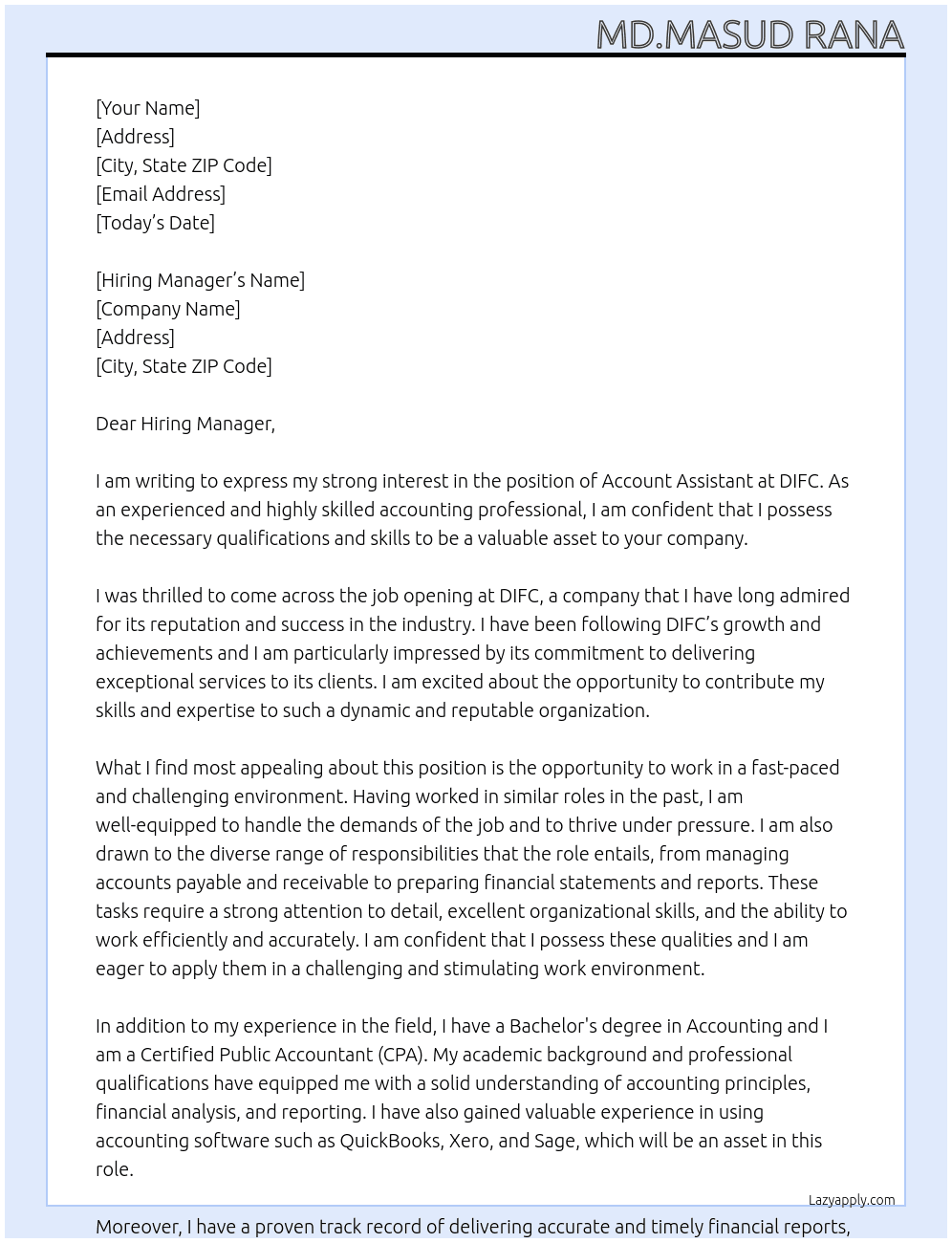 Account Assistant At DIFC Cover Letter