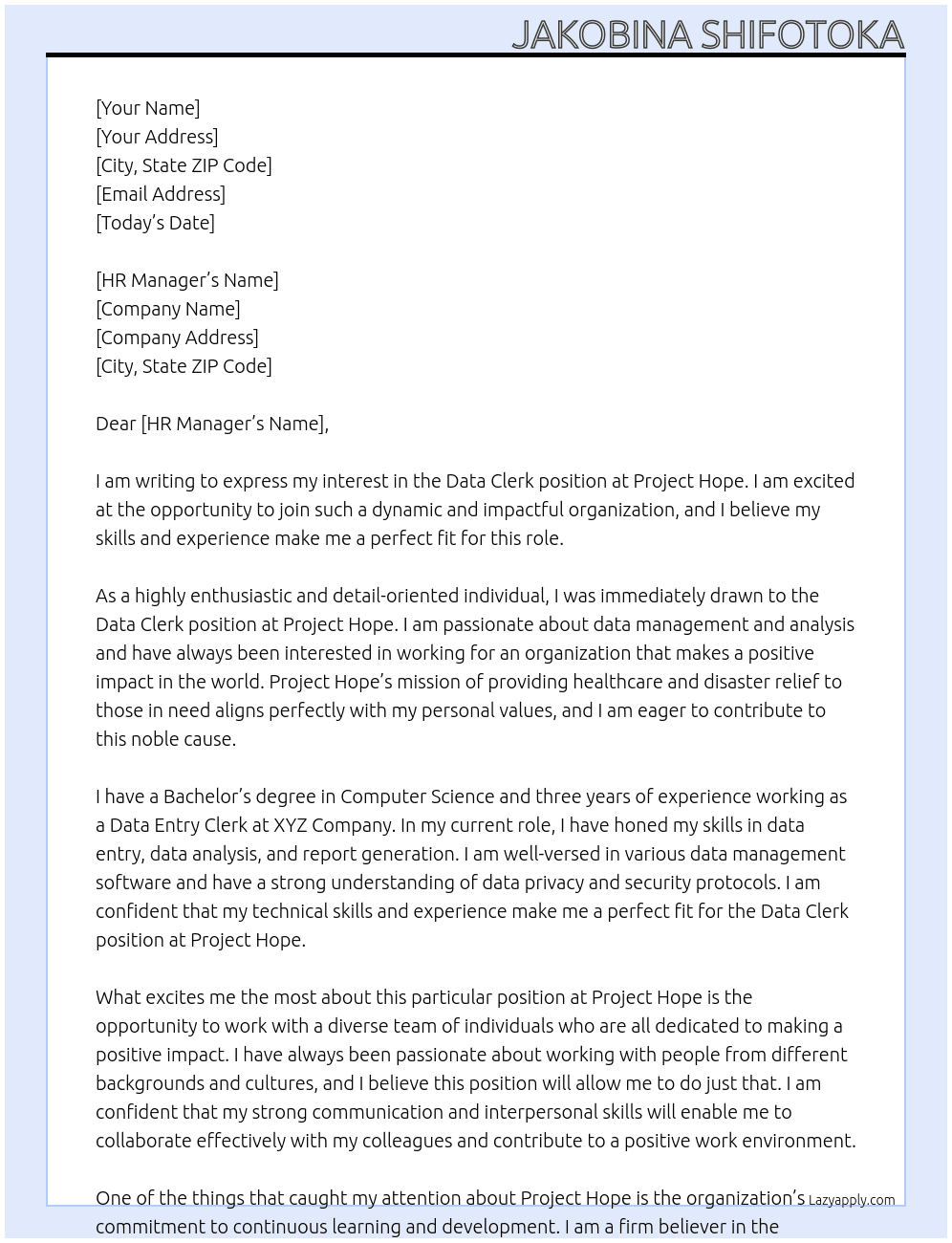 Data Clerk At Project Hope Cover Letter