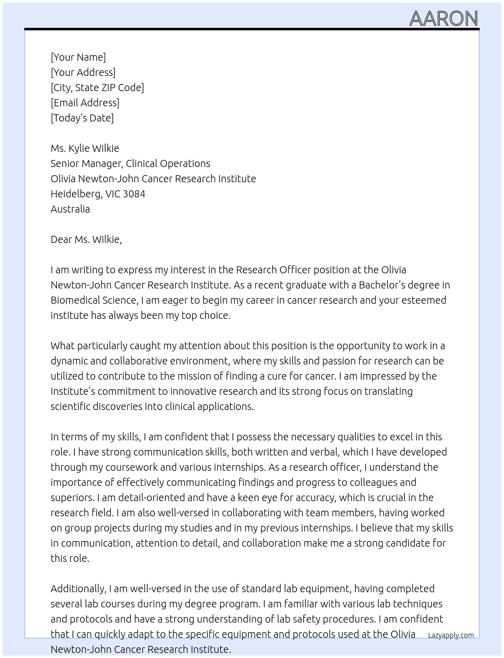 Research Officer At Olivia Newton-John Cancer Research Institute Cover Letter