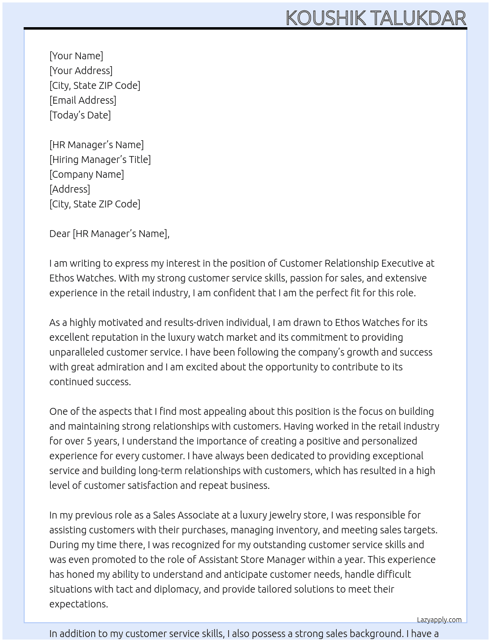 Customer Relationship Executive At Ethos Watches Cover Letter