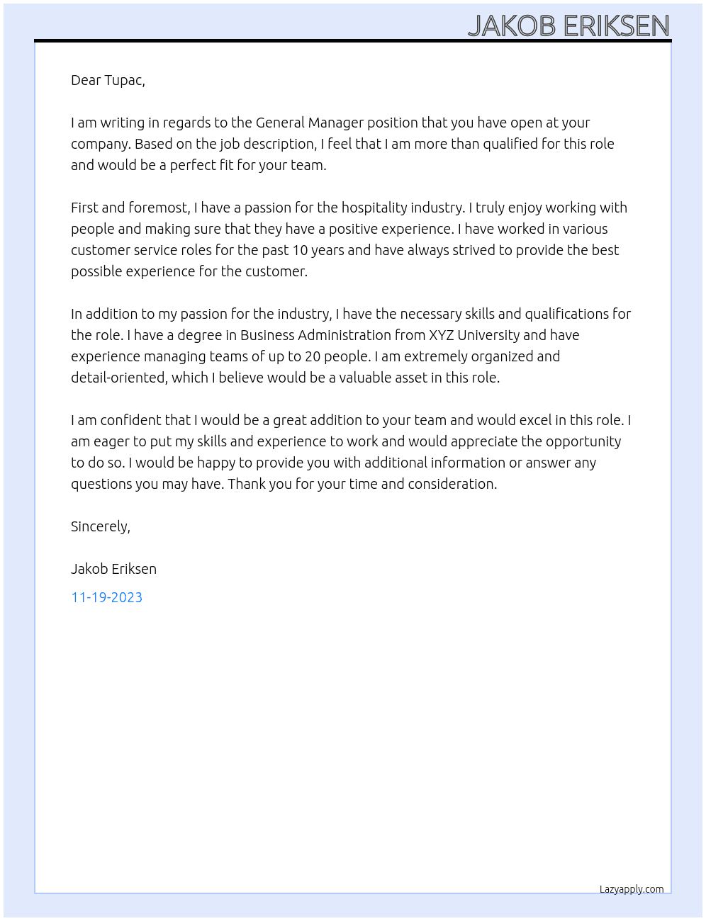 General Manager At Tupac Cover Letter