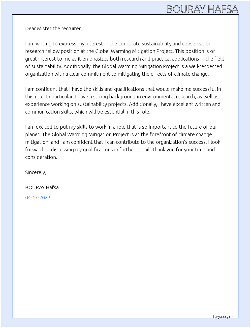corporate sustainability and conservation research fellow At global warming mitigation project  Cover Letter