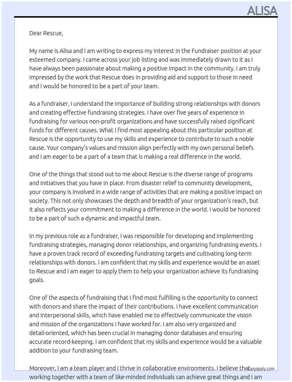 fundraiser At rescue Cover Letter