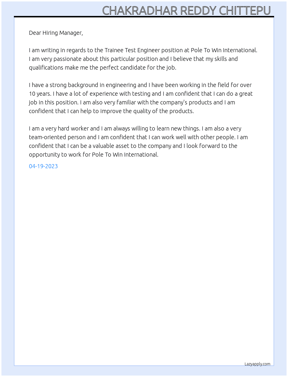 Trainee Test Engineer  At Pole To Win International  Cover Letter