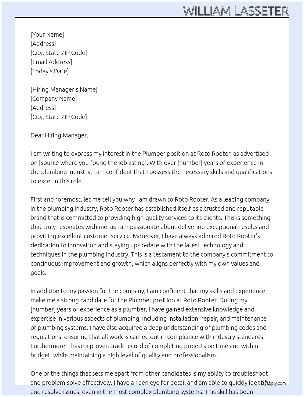 Plumber At Roto Rooter Cover Letter