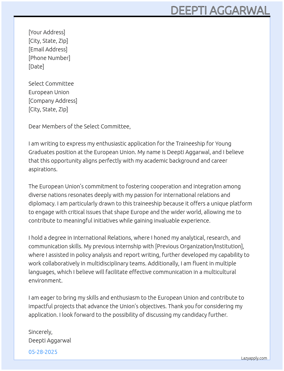 traineeship for young graduates At European Union Cover Letter
