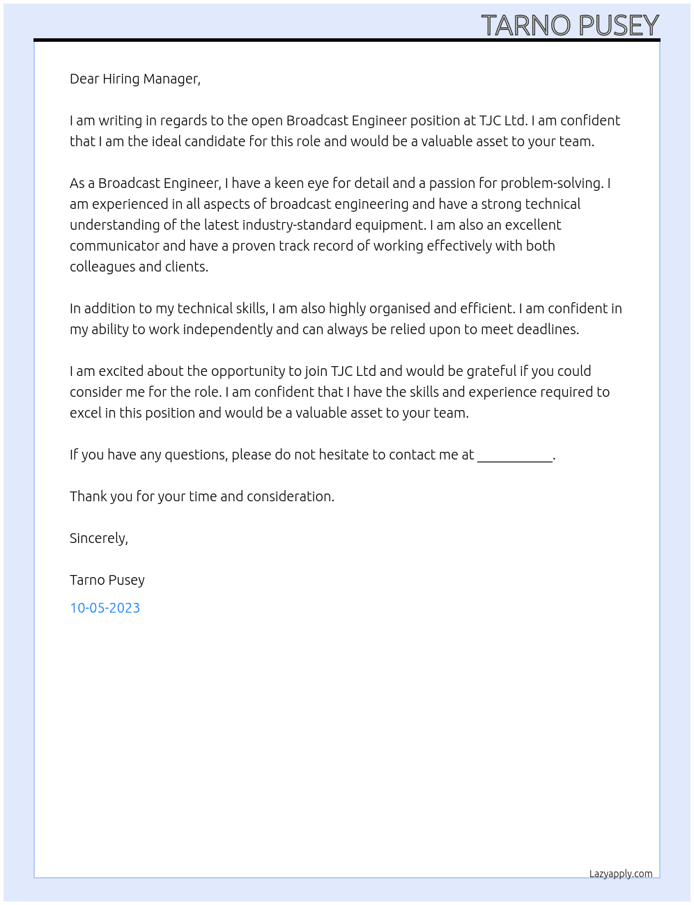 Broadcast Engineer At Tjc Ltd Cover Letter
