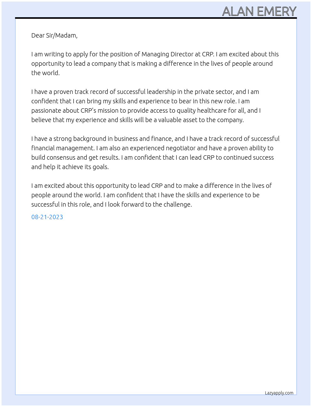 Managing Director At CRP Cover Letter
