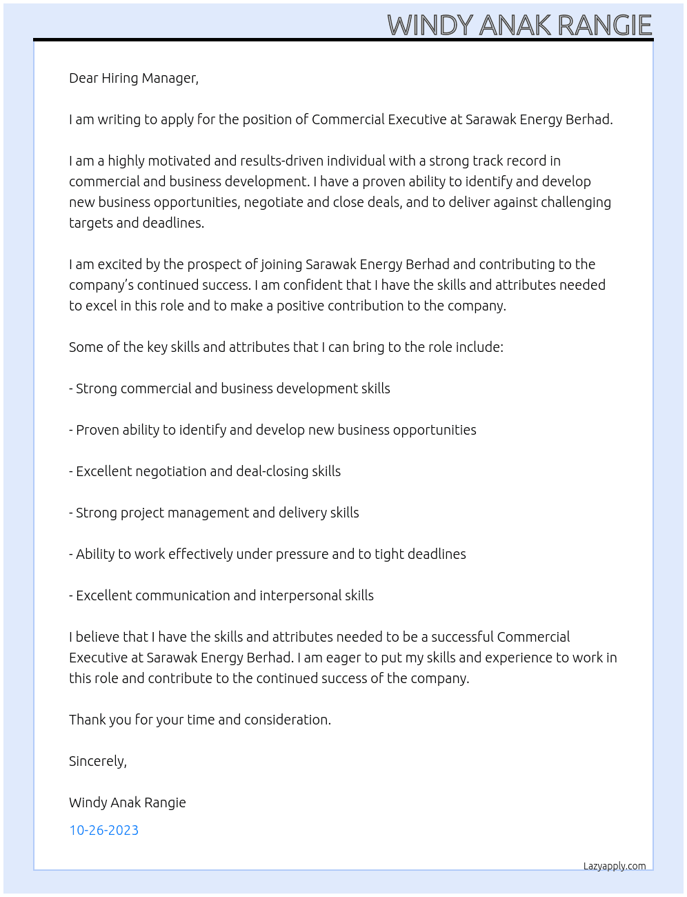 Commercial Executive At SARAWAK ENERGY BERHAD Cover Letter