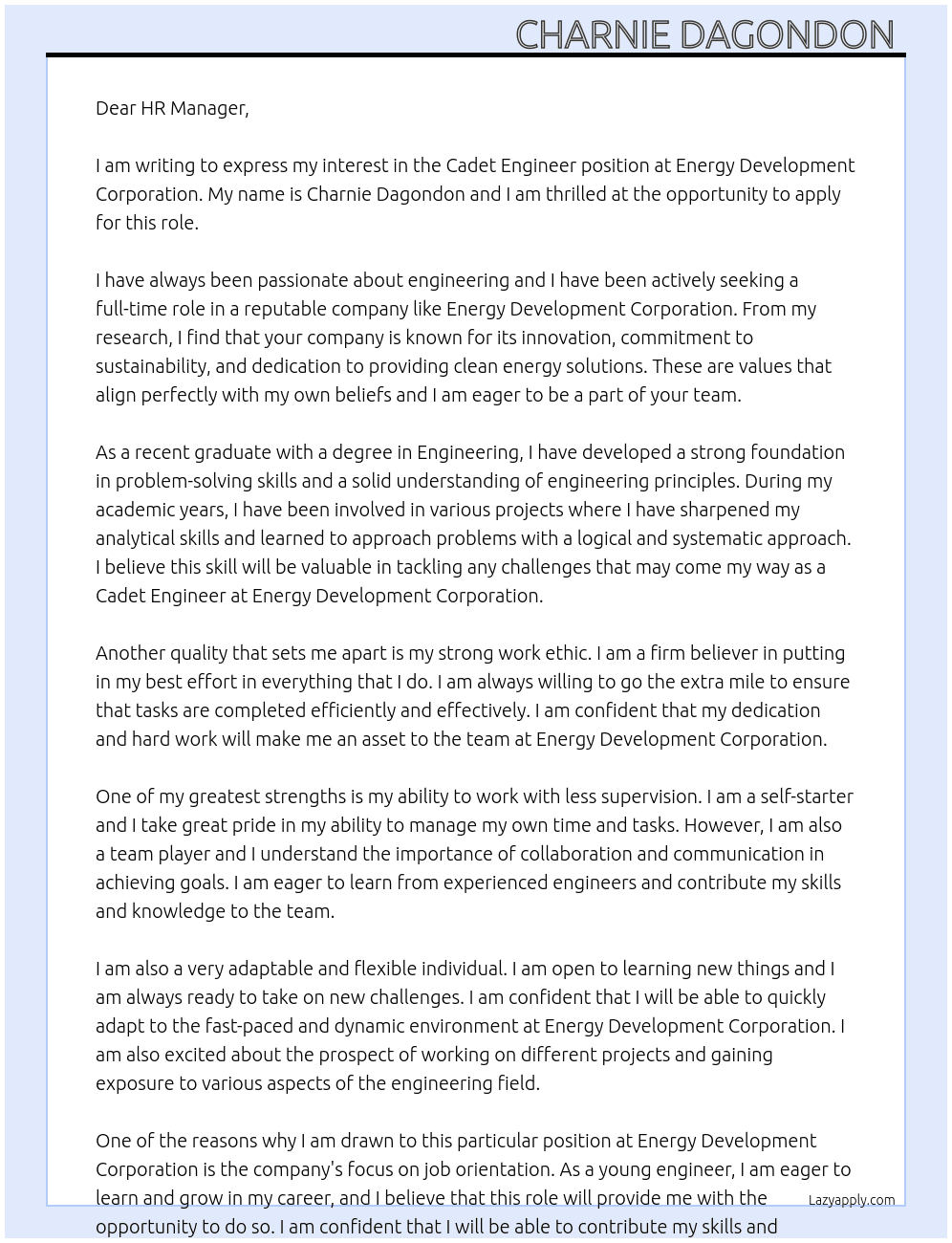 Cadet Engineer  At Energy Development Corporation  Cover Letter