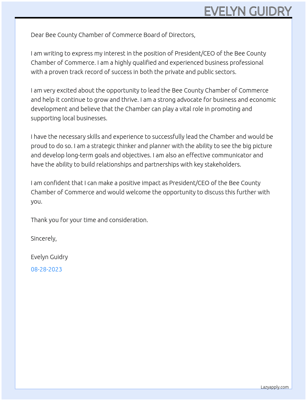 Presient/CEO At Bee County Chamber of Commerce Cover Letter
