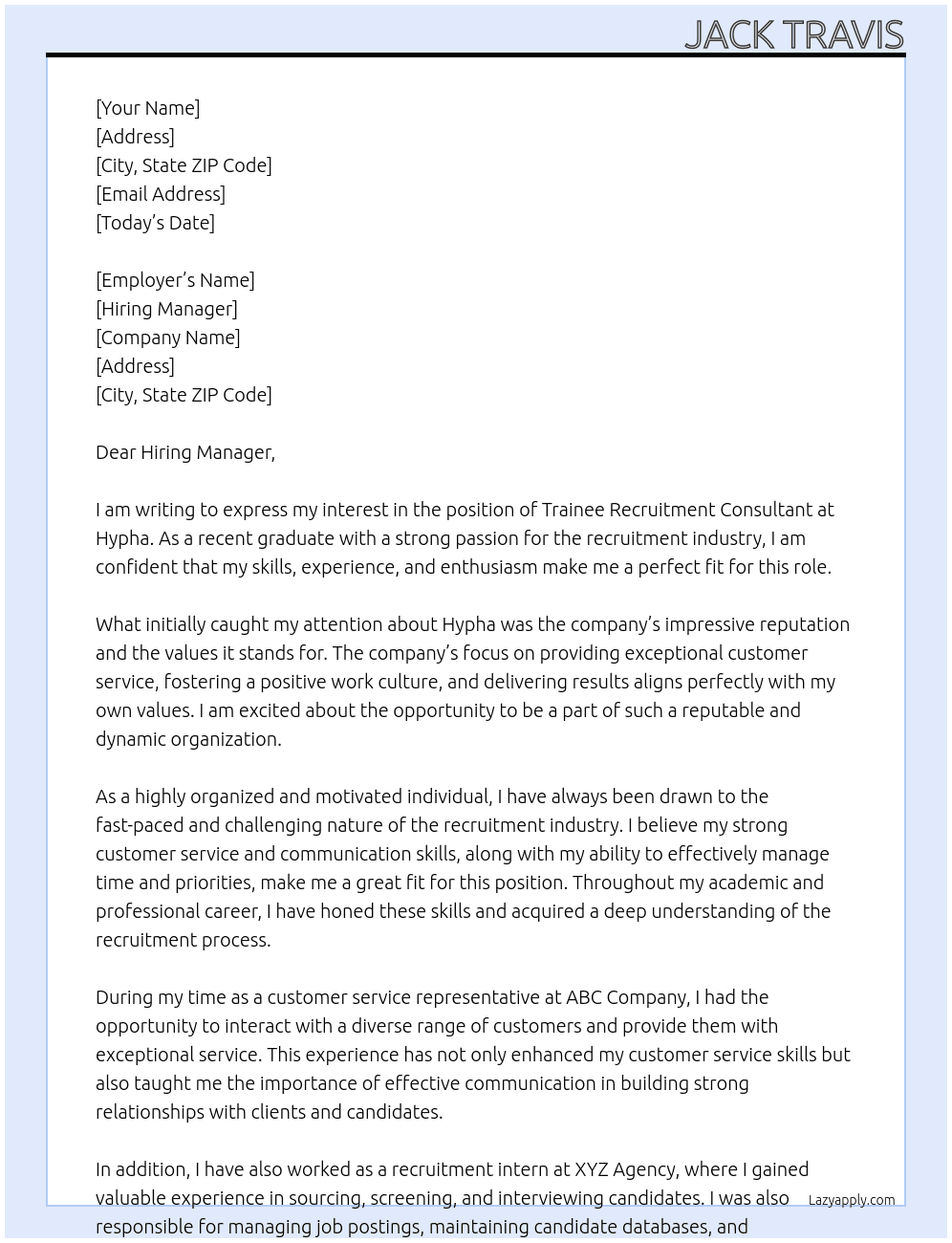 Trainee Recruitment Consultant  At Hypha Cover Letter