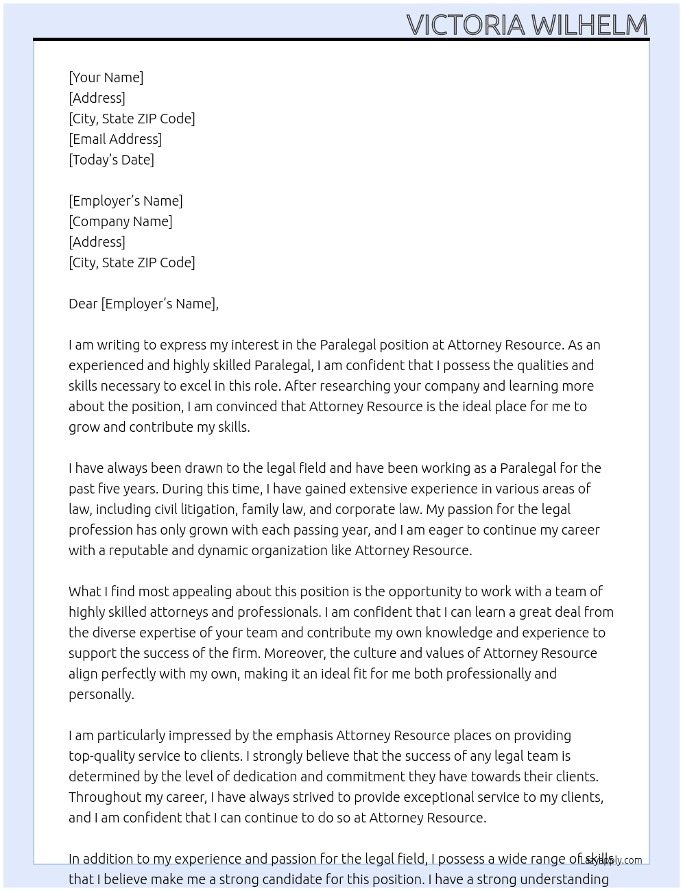 Paralegal  At Attorney Resource Cover Letter