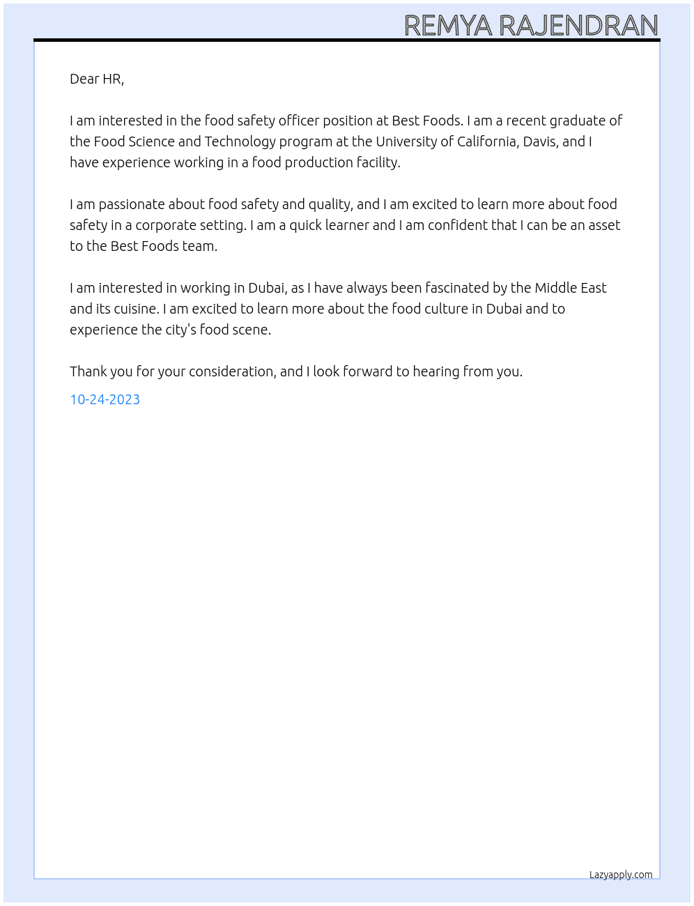 food safety officer At best foods Cover Letter