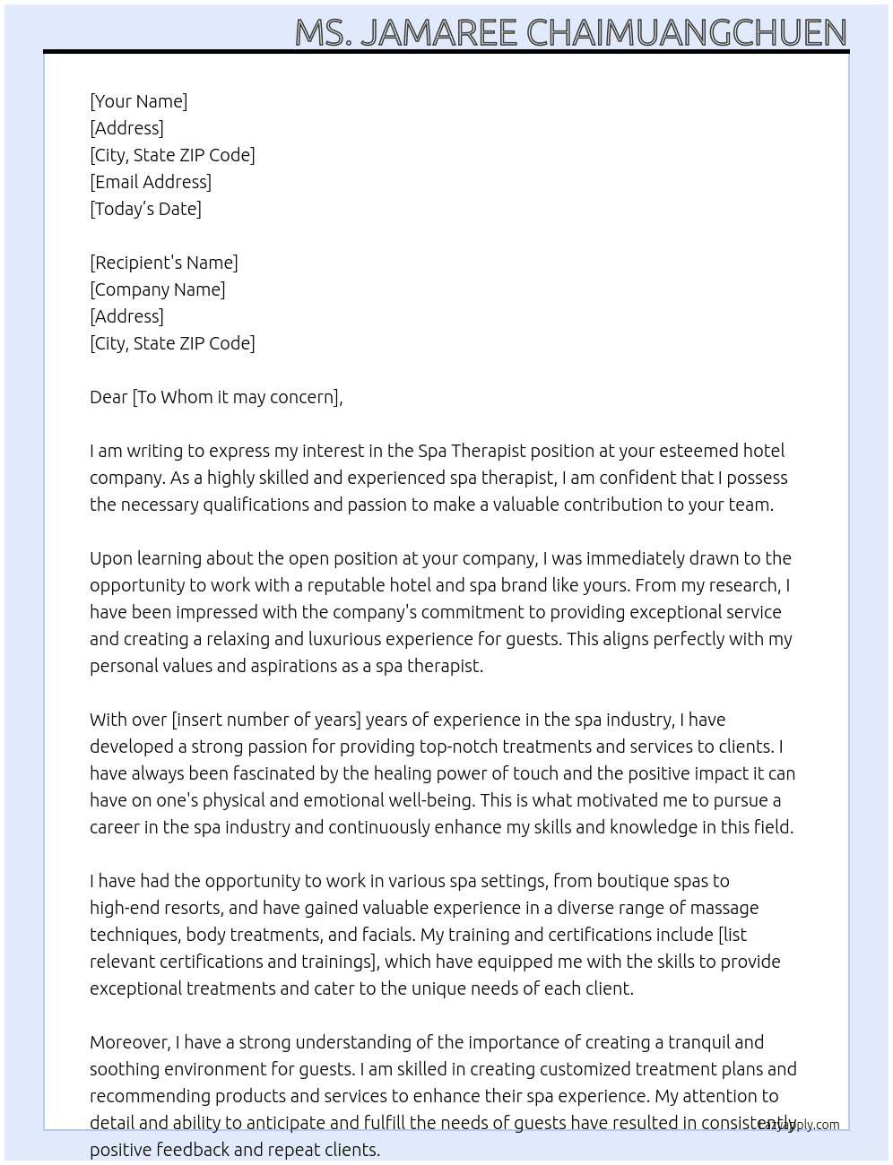 Spa Therapist At Hotel company Cover Letter