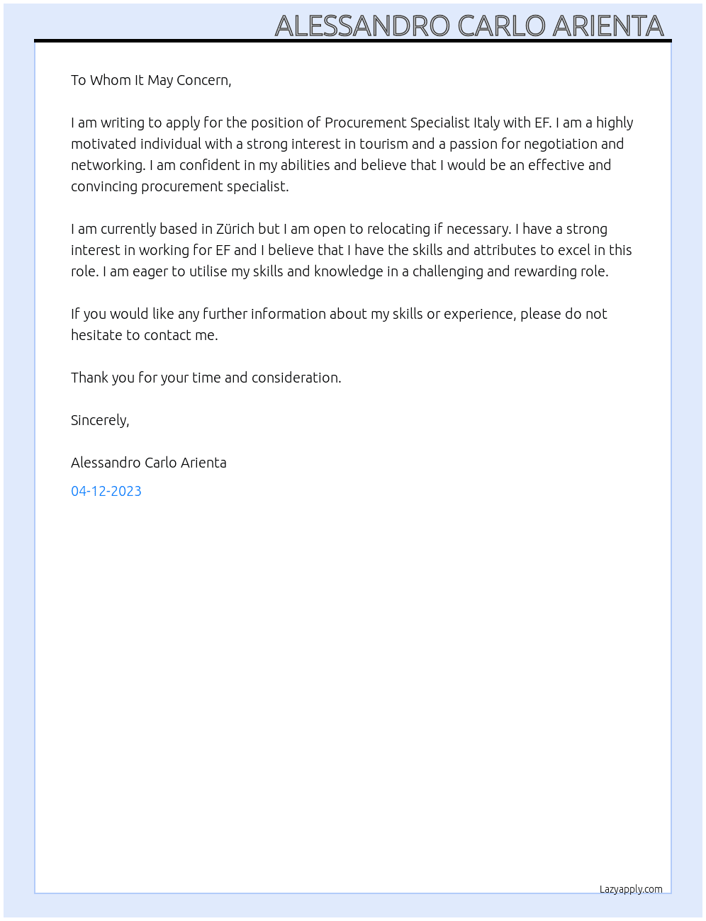 Procurement specialist Italy At EF Cover Letter