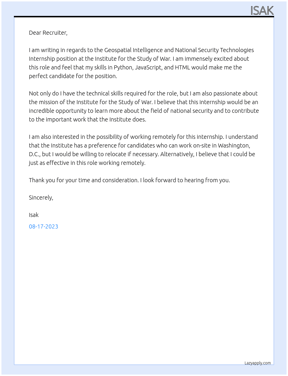 Geospatial Intelligence and National Security Technologies Internship At Institute for the Study of War Cover Letter