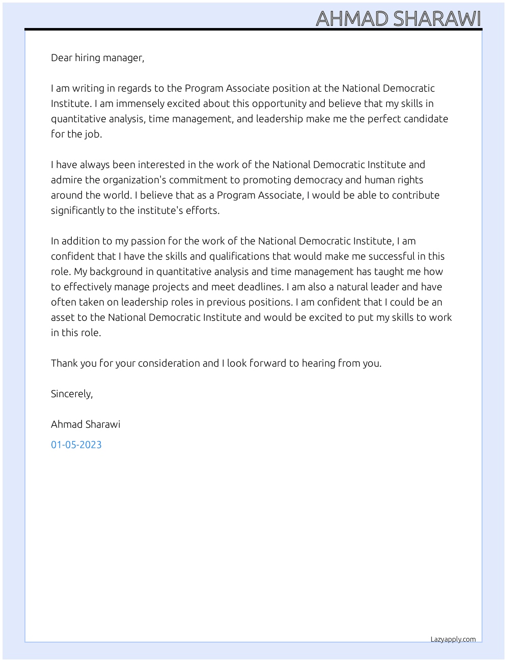 Program Associate  At National Democratic Institute Cover Letter