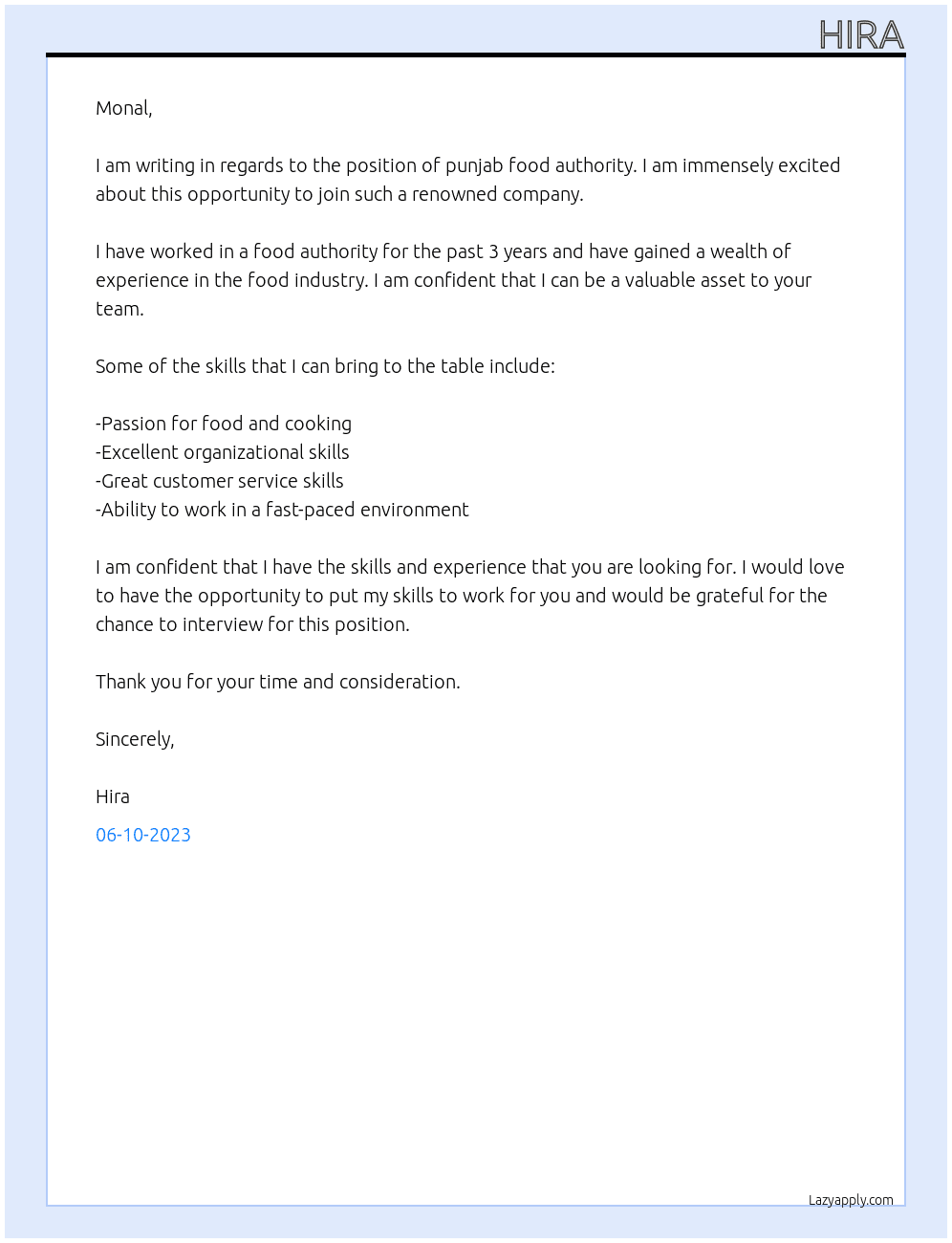 my experience in punjab food authority At monal Cover Letter