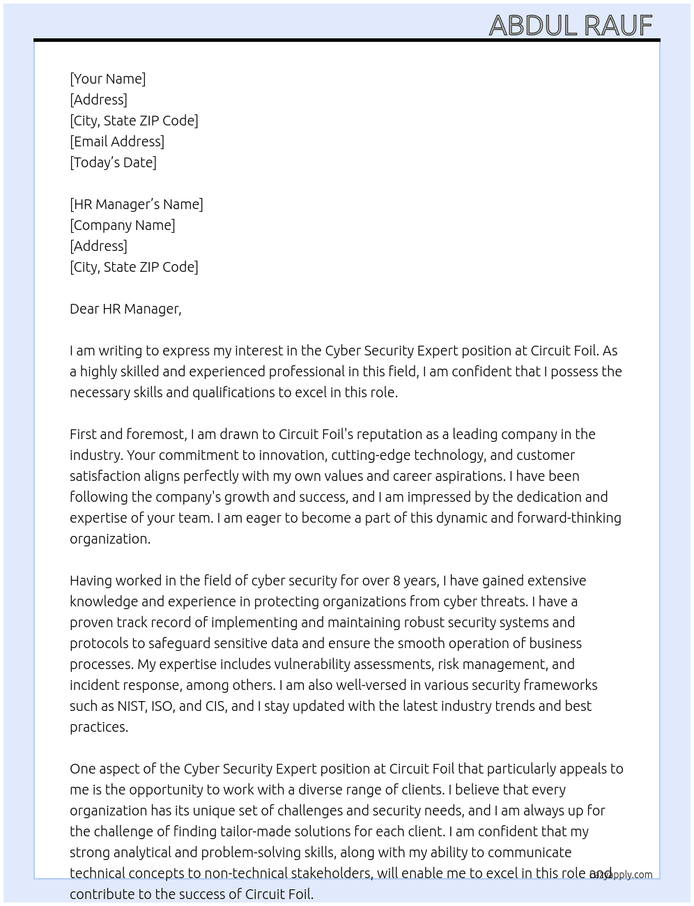 Cyber security expert  At Circuit foil Cover Letter