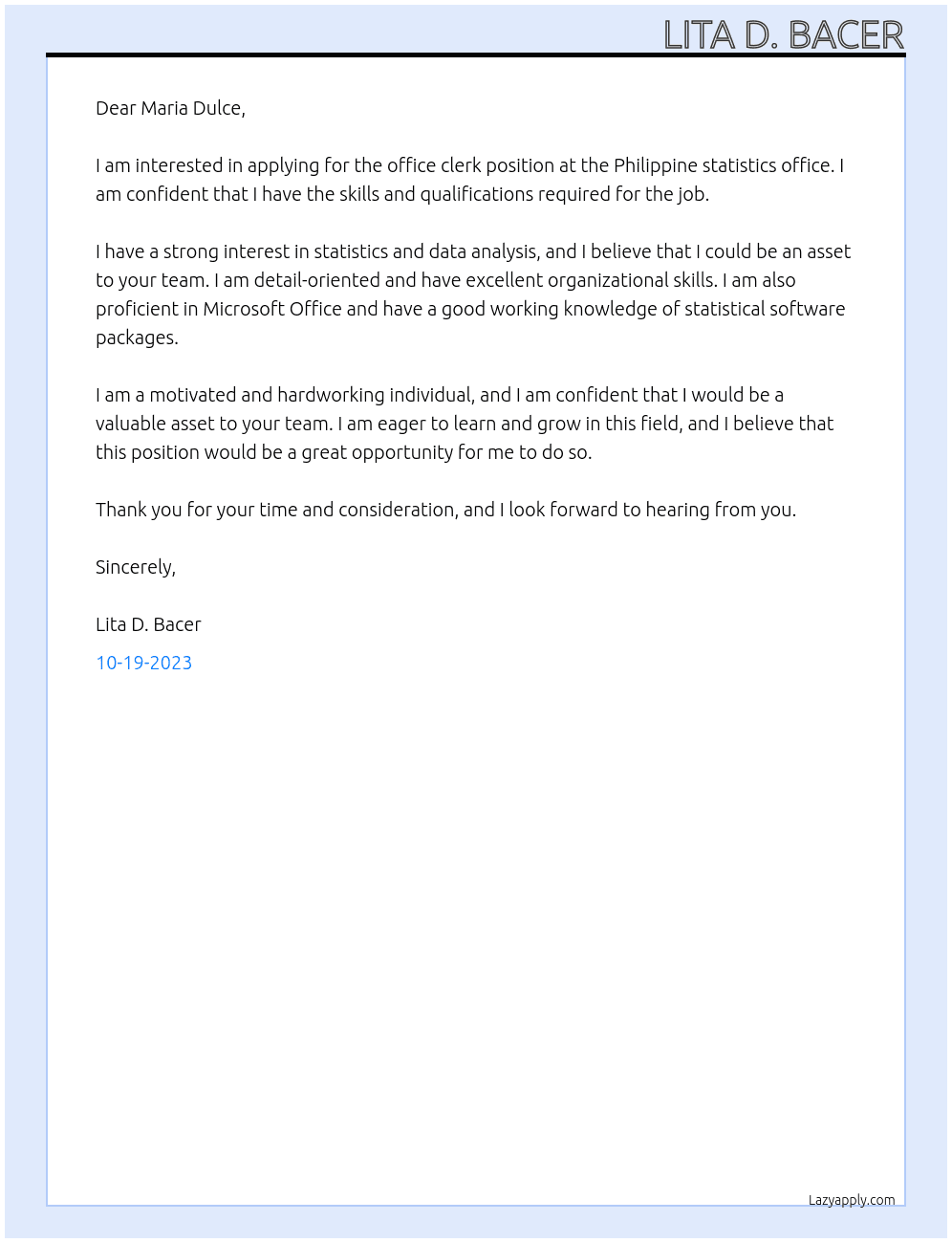 Office clerk At Philippine statistics office Cover Letter