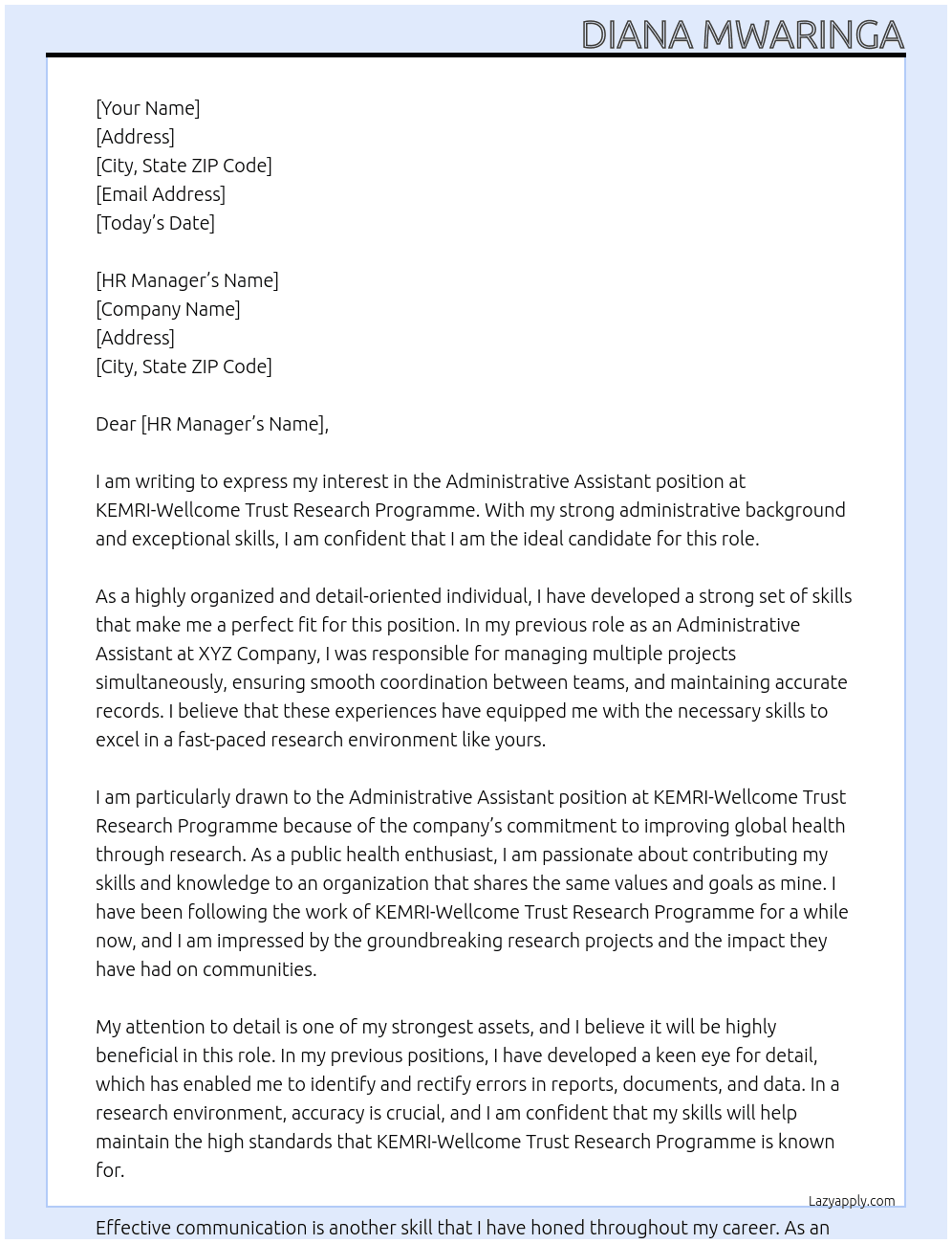 Administrative Assistant At KEMRI-Wellcome Trust Research Programme Cover Letter