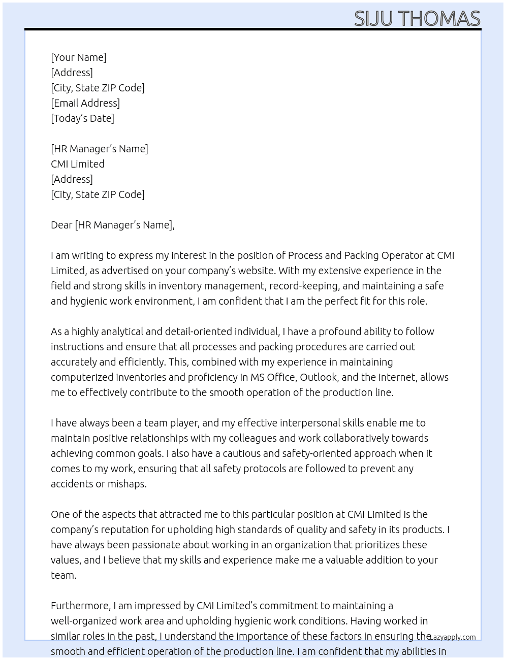 Cover letter for process and packing operator - LazyApply