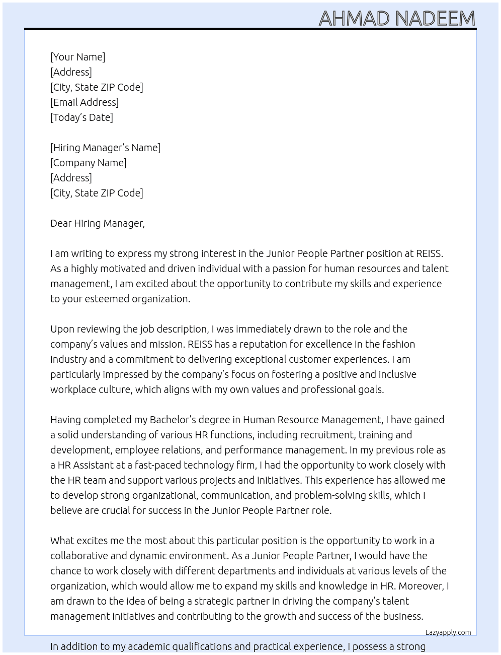 Junior people partner At REISS Cover Letter