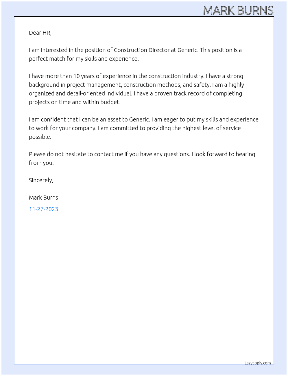 Construction Director At Generic Cover Letter