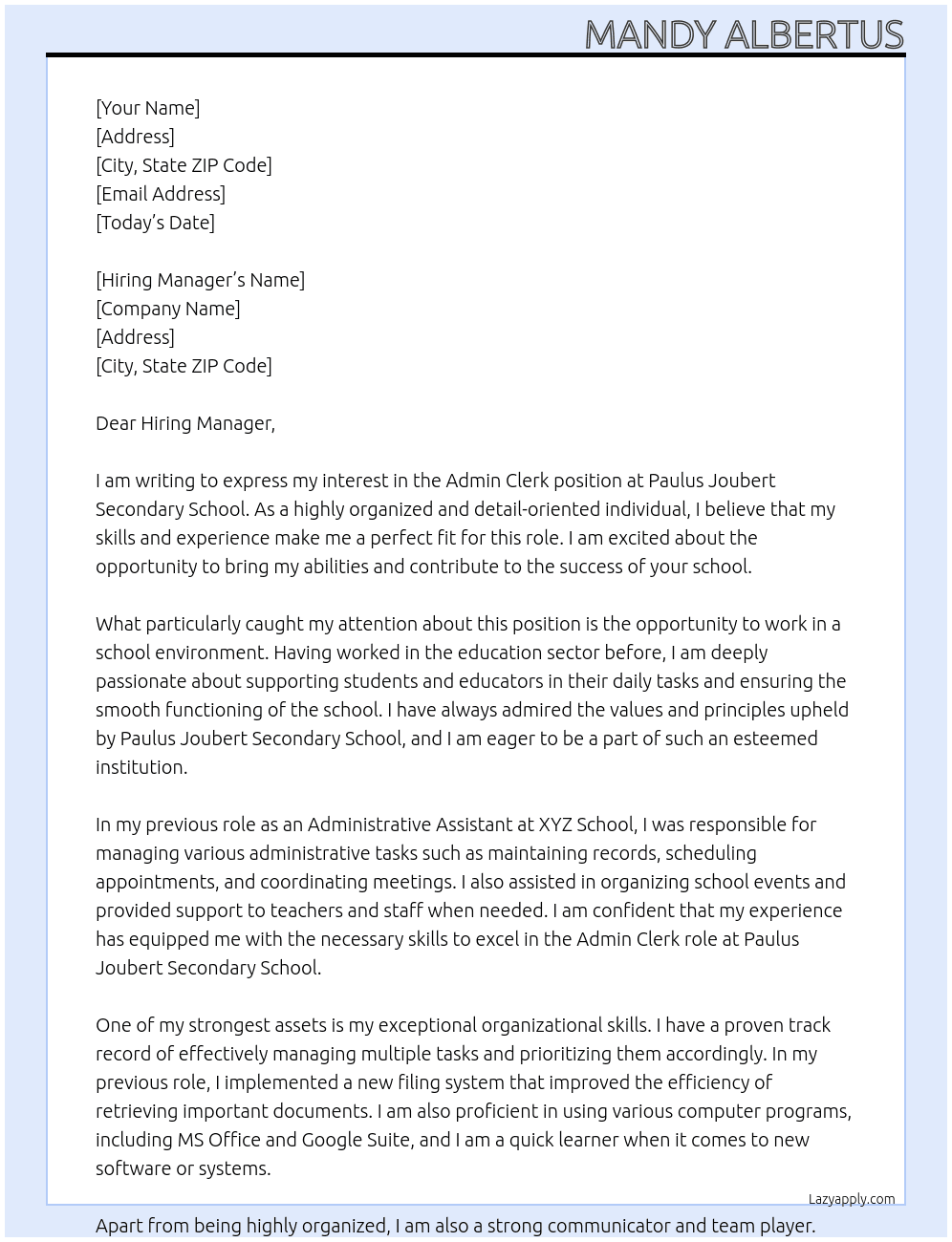 Admin Clerk At Paulus Joubert Secondary School Cover Letter
