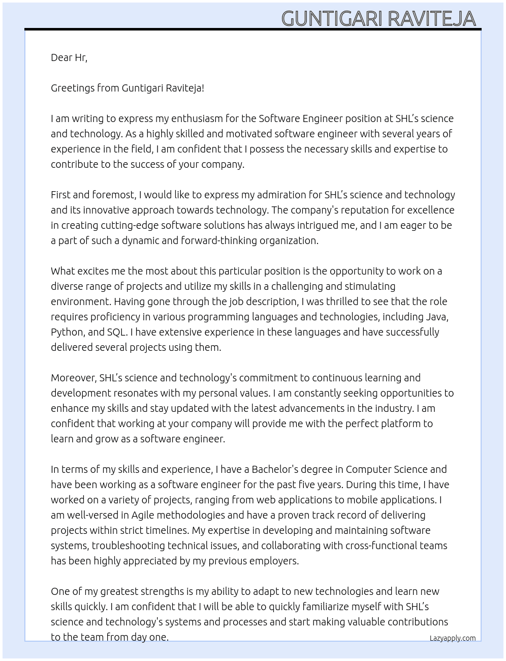 Software Engineer At SHL’s science and technology Cover Letter