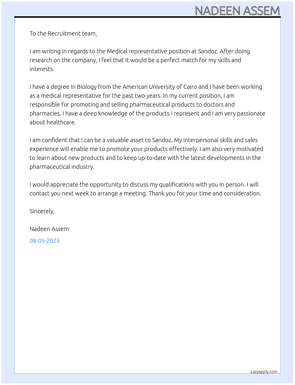 Medical representative  At Sandoz Cover Letter