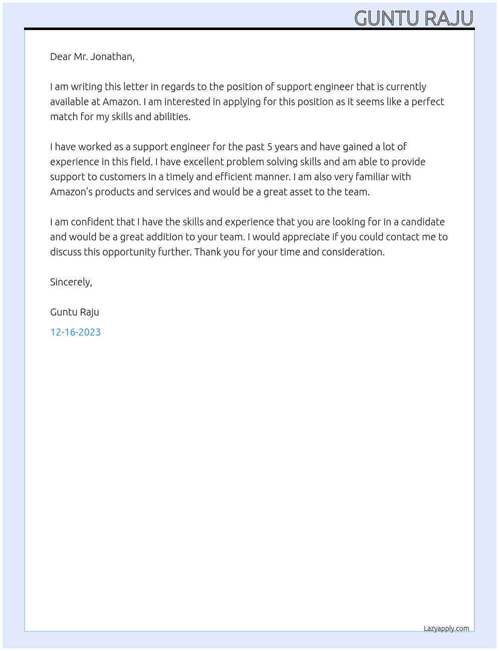 Support engineer At Amazon Cover Letter