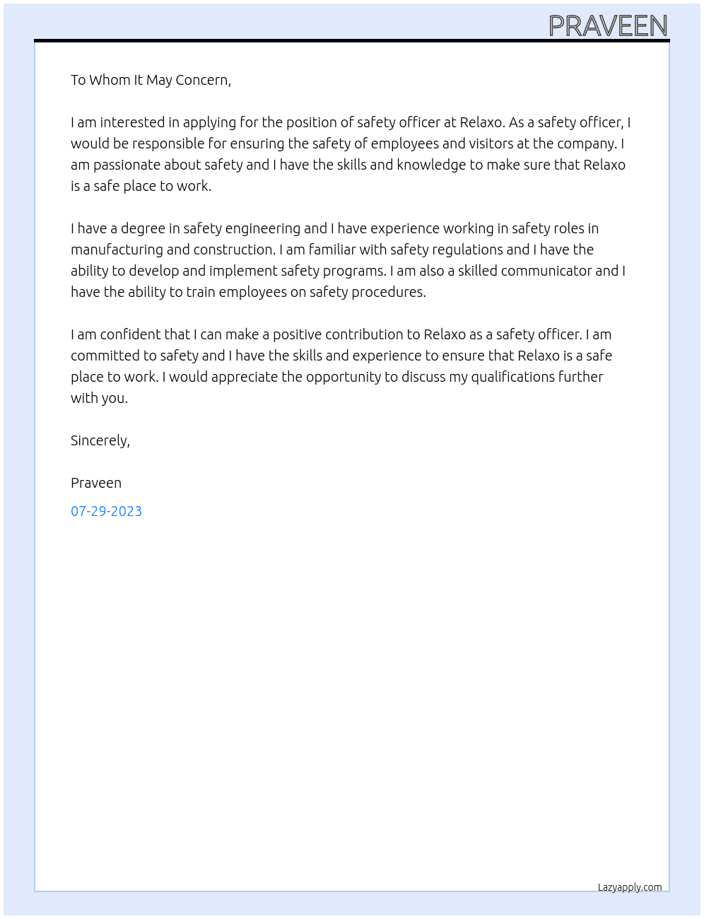 safety officer At Relaxo Cover Letter